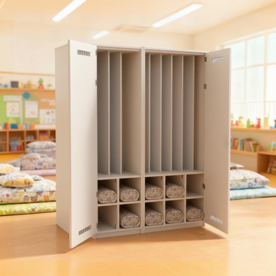 Liegepolsterschrank mit Bettzeugfächern unten in weiss, Ambientebild Liegepolsterschrank mit Bettzeugfächern unten in weiß, Ambientebild