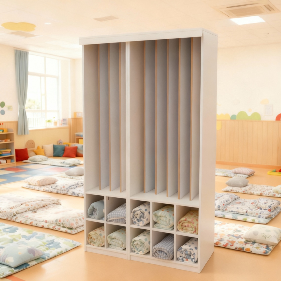 Liegepolsterschrank mit Bettzeugfächern unten in weiss, ohne Vorhang, Ambientebild Liegepolsterschrank mit Bettzeugfächern unten in weiß, ohne Vorhang, Ambientebild