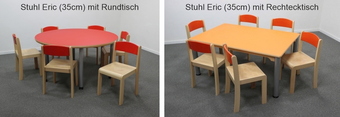 Stuhl Eric in Farbe mit bunten Tischen, rot und orange 
