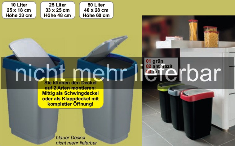 Mülleimer aus Polypropylen, 10 Liter, 25 x 18x H 33 cm, Eimer schwarz,  Deckel rot-7543-03