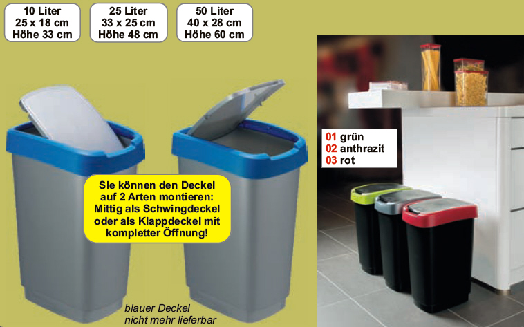 Mülleimer aus Polypropylen, 50 Liter, 40 x 28 x H 60 cm, Eimer