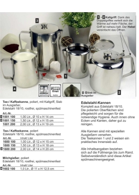 (1+2) Tee- / Kaffeekanne, mit Kaltgriff + Sieb, Edelstahl