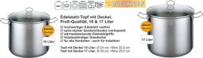 Edelstahl-Topf mit Deckel, 10 Liter, Ø 24 x H 22 cm, Profi-Qualität, induktionsggeignet