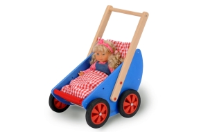 Puppenwagen aus Holz BLAU, inkl Kissen und Decke