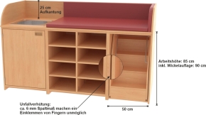 Wickelkommode mit Edelstahl-Waschbecken, Breite 160 cm, Tiefe 90 cm, 5 Schubkaesten, Treppe RECHTS