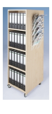 Bücherturm mit 3 Doppelgarderobenhaken links und 1 Seitenwand Prospekthalter rechts, doppelseitig mit 6 Einlegeböden