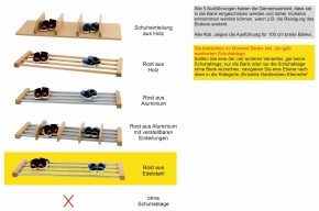 Garderobenbank Stollenbauweise, hinten geschlossen, links und rechts offen, mit Schuhrost aus Edelstahl