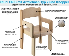 Stuhl ERIC mit Armlehnen Typ 2 und Knoppel, Sitzhöhe 26 cm, Filzgleiter