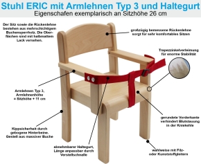 Stuhl ERIC mit Armlehnen Typ 3 und Haltegurt, Sitzhöhe 22 cm, Kunststoffgleiter