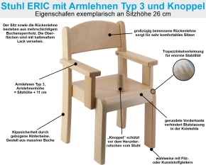 Stuhl ERIC mit Armlehnen Typ 3 und Knoppel, Sitzhöhe 21 cm, Filzgleiter