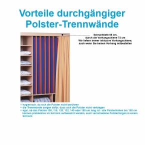 Liegepolsterschrank mit Vorhangschiene, OHNE Vorhang, mit Polster-Trennwänden, für 6 Polster, B/H/T 100×190×65/72 cm