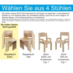 Sparset: 2 Stück Trapeztisch 120×60 cm Höhe 46 cm + 6 Stück Stapelstuhl ERIC Sitzhöhe 26 cm
