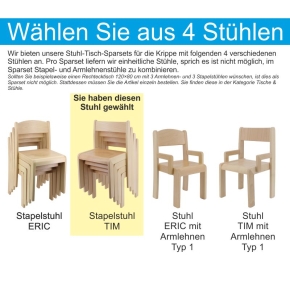 Sparset: 2 Stück Trapeztisch 120×60 cm Höhe 46 cm + 6 Stück Stapelstuhl TIM Sitzhöhe 26 cm
