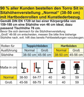 Drehstuhl "Torro-Sit", Hartboden-Rollen, 38-50 cm, 264 Stoff Grau