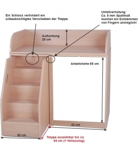 Wickelkommode mit ausziehbarer Treppe links, Regal rechts, Tiefe 90 cm