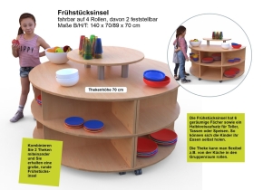 Frühstücksinsel fahrbar mit Thekenhöhe 70 cm, B/H/T: 140×70/89×70 cm