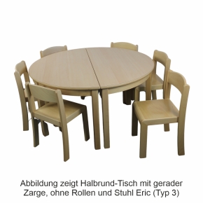 Halbrund-Tisch 120x60 cm Tischplatte HPL Buche natur, Höhe 59 cm, Filzgleiter, gerade Zarge, mit Rollen
