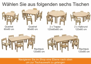 2 Stück Halbrundtisch 120x60 cm Höhe 46 cm HPL Buche + 6 Armlehnen-Typ3-Stühle Eric Sitzhöhe 26 cm, Filzgleiter