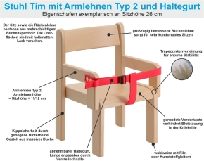Stuhl Tim mit Armlehnen Typ 2 und Haltegurt, Sitzhöhe 21 cm, Filzgleiter