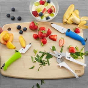 kinderkitchen® 3er Set, 2x Messer Hund mit Entenschere, Blau/Grün