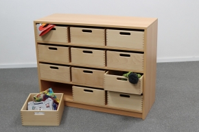 Korpusschrank Buche mit 12 großen Materialkästen, B/H/T 102 x 80 x 40 cm, ohne Sichtfenster, ohne Filz