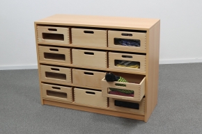 Korpusschrank Buche mit 12 großen Materialkästen, B/H/T 102 x 80 x 40 cm, mit Sichtfenster, ohne Filz