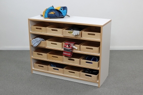 Korpusschrank Weiß-Buche mit 16 flachen Materialkästen, B/H/T 102 x 80 x 40 cm, ohne Filz
