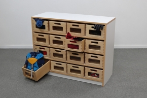 Korpusschrank Weiß-Buche mit 16 mittleren Materialkästen, B/H/T 102 x 80 x 40 cm, mit Sichtfenster, ohne Filz
