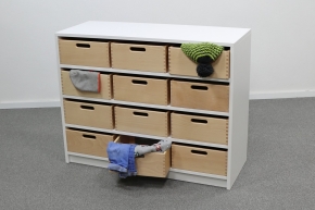 Korpusschrank Weiß mit 12 großen Materialkästen, B/H/T 102 x 80 x 40 cm, ohne Sichtfenster, ohne Filz
