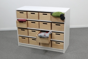 Korpusschrank Weiß mit 16 mittleren Materialkästen, B/H/T 102 x 80 x 40 cm, ohne Sichtfenster, ohne Filz