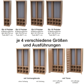 Liegepolsterschrank mit Vorhangschiene, mit Vorhang, Bettzeugfächer unten, für 10 Polster, B/H/T 125x210x65/71 cm