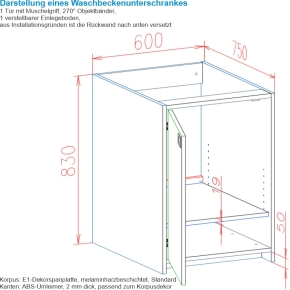 Wickelkommode mit Edelstahl-Waschbecken, Breite 160 cm, Tiefe 75 cm, 5 Schubkaesten, Treppe LINKS